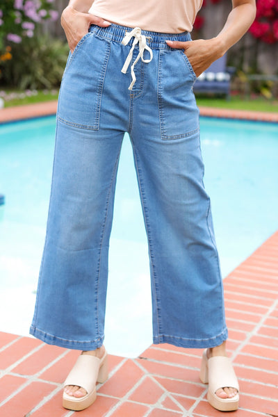 Denim Blue High Rise Drawstring Cropped Jeans - Online Only!