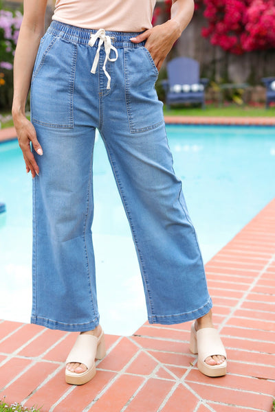 Denim Blue High Rise Drawstring Cropped Jeans - Online Only!