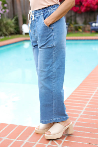 Denim Blue High Rise Drawstring Cropped Jeans - Online Only!