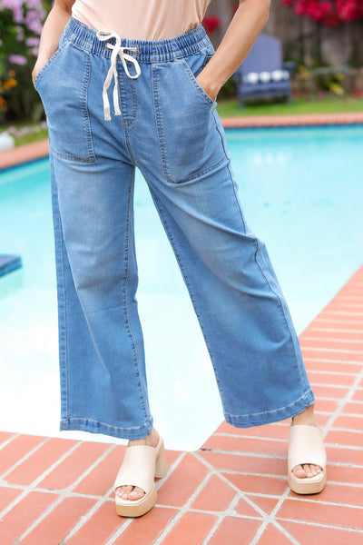 Denim Blue High Rise Drawstring Cropped Jeans - Online Only!