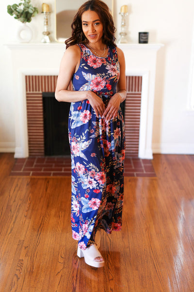Navy Floral Fit and Flare Sleeveless Maxi Dress - Online Only!