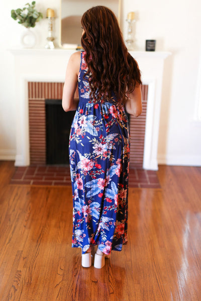 Navy Floral Fit and Flare Sleeveless Maxi Dress - Online Only!