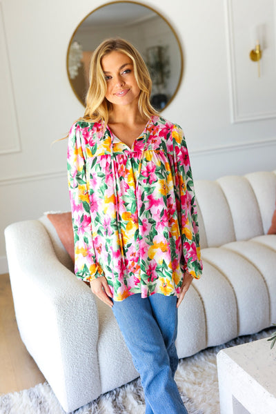 Pretty In Pink Watercolor Floral Yoke Tie Top - Online Only!