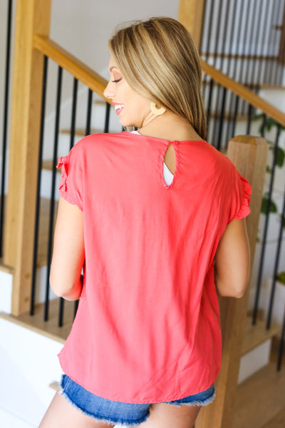 Feeling Femme' Coral Floral Embroidered Yoke Ruffle Sleeve Top - Online Only!