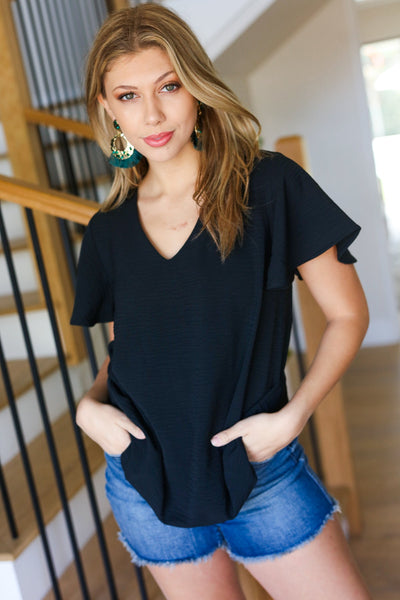 Black Flutter Sleeve V Neck Top - Online Only!