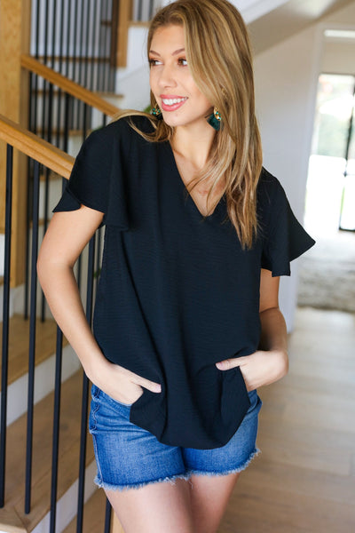 Black Flutter Sleeve V Neck Top - Online Only!