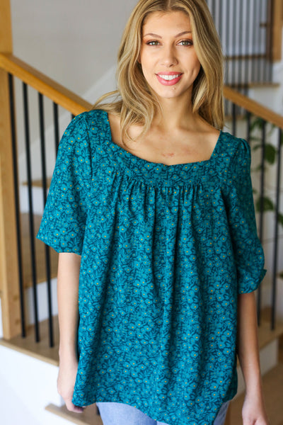 Perfectly You Teal Floral Three Quarter Sleeve Square Neck Top - Online Only!
