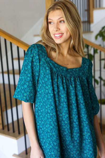 Perfectly You Teal Floral Three Quarter Sleeve Square Neck Top - Online Only!