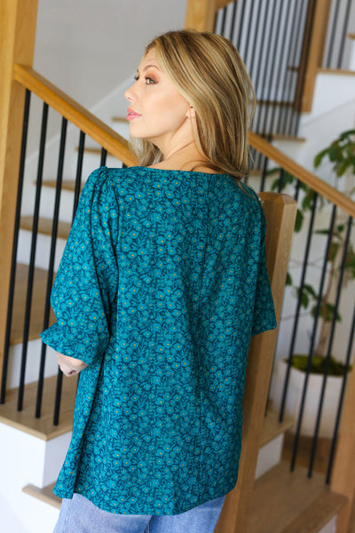 Perfectly You Teal Floral Three Quarter Sleeve Square Neck Top - Online Only!
