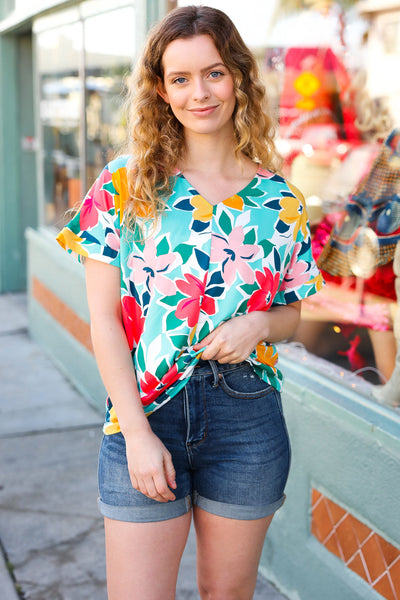 Teal & Coral Flat Floral V Neck Top - Online Only!