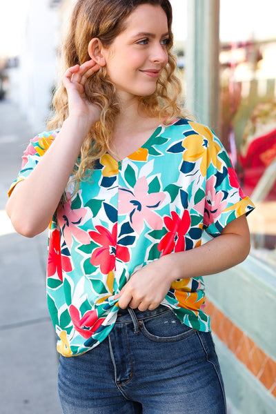 Teal & Coral Flat Floral V Neck Top - Online Only!