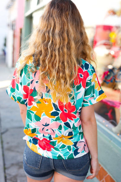 Teal & Coral Flat Floral V Neck Top - Online Only!