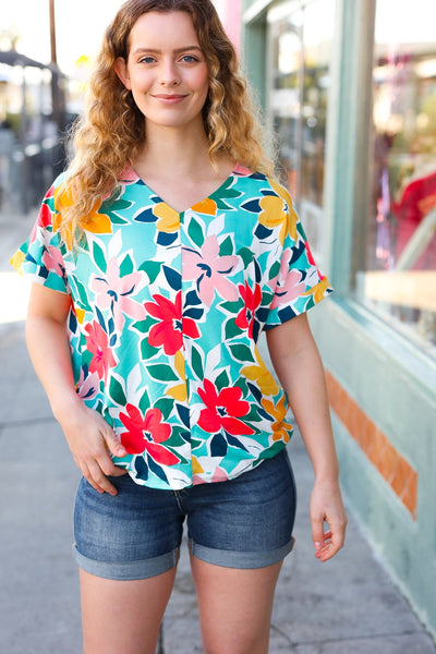 Teal & Coral Flat Floral V Neck Top - Online Only!