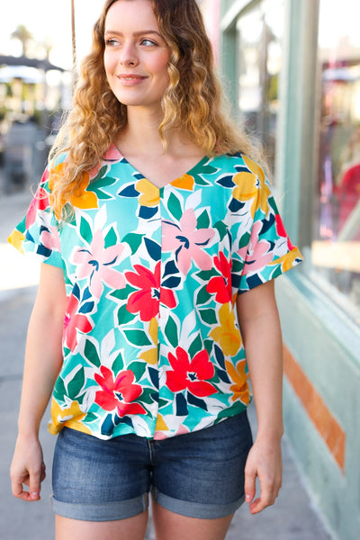 Teal & Coral Flat Floral V Neck Top - Online Only!