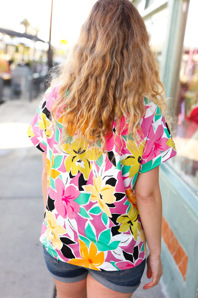 Fuchsia & Emerald Flat Floral V Neck Top - Online Only!