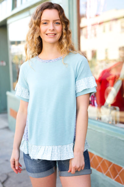 Seafoam Floral & Leopard Print Ruffle Hem Top - Online Only!