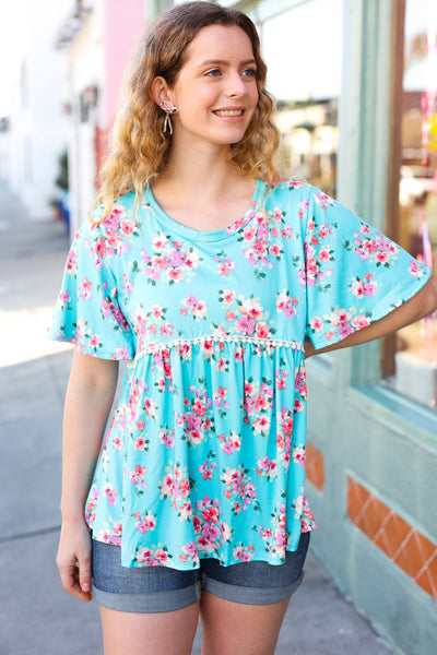 Sky Blue Three-Quarter Sleeve Floral Peplum Babydoll Top - Online Only!