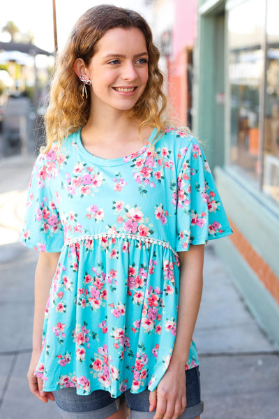 Sky Blue Three-Quarter Sleeve Floral Peplum Babydoll Top - Online Only!