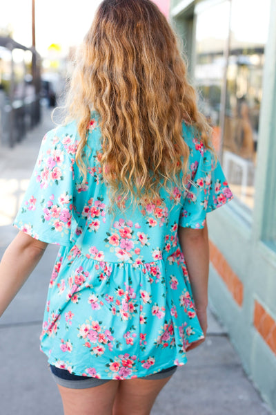 Sky Blue Three-Quarter Sleeve Floral Peplum Babydoll Top - Online Only!