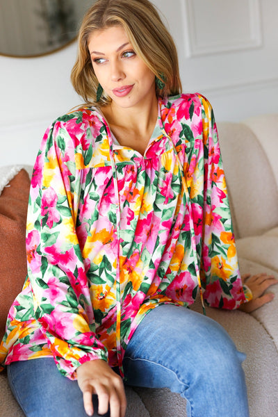 Pretty In Pink Watercolor Floral Yoke Tie Top - Online Only!