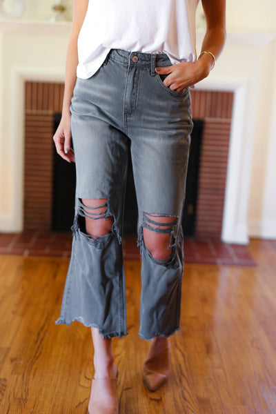 Cut Loose Ash Black High Rise Washed Distressed Cropped Pants - Online Only!