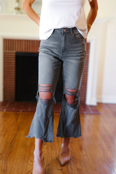 Cut Loose Ash Black High Rise Washed Distressed Cropped Pants - Online Only!