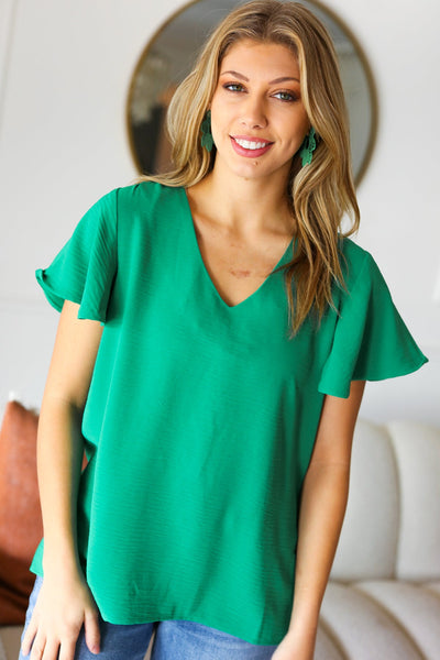 In Your Dreams Emerald Green Flutter Sleeve V Neck Top - Online Only!