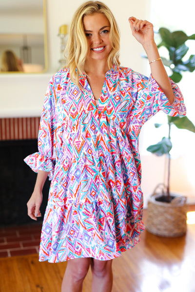 Love Found Blue & Lavender Ikat Print V Neck Dress - Online Only!