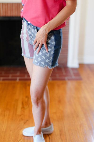 American Flag High Rise Frayed Hem Denim Shorts - Online Only!