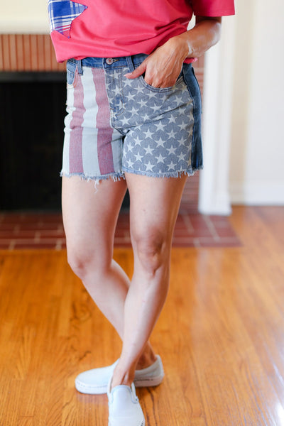 American Flag High Rise Frayed Hem Denim Shorts - Online Only!