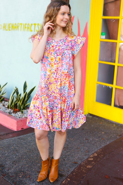 Peach & Lilac Floral Yoke Poplin Woven Dress - Online Only!