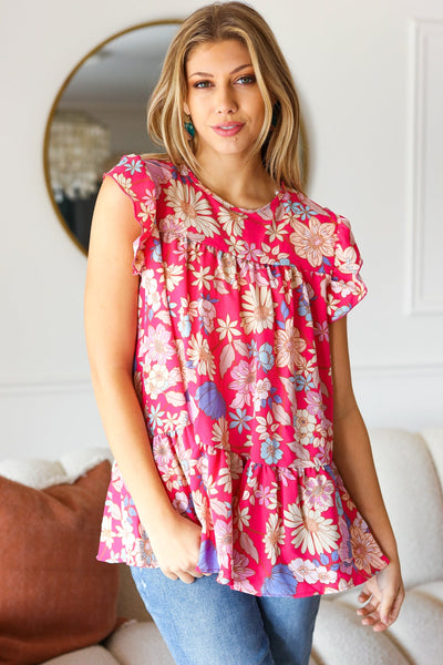 Fuchsia Floral Yoke Flutter Sleeve Back Neck Button Top - Online Only!