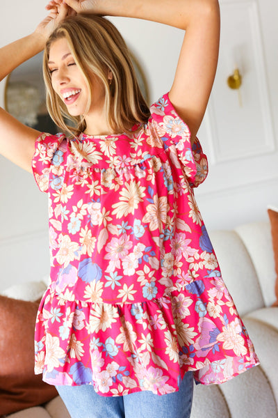 Fuchsia Floral Yoke Flutter Sleeve Back Neck Button Top - Online Only!