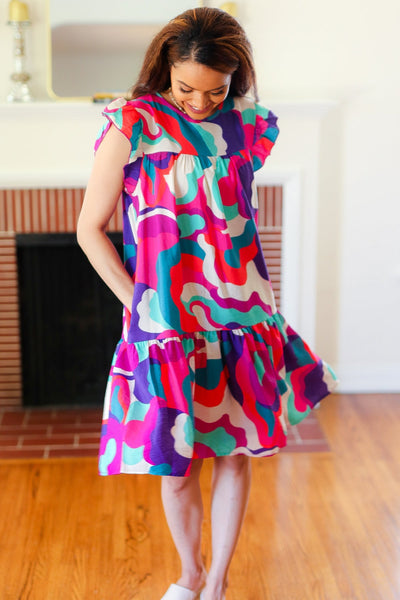 Go For Fun Fuchsia Geo Print Tiered Ruffle Sleeve Woven Dress - Online Only!