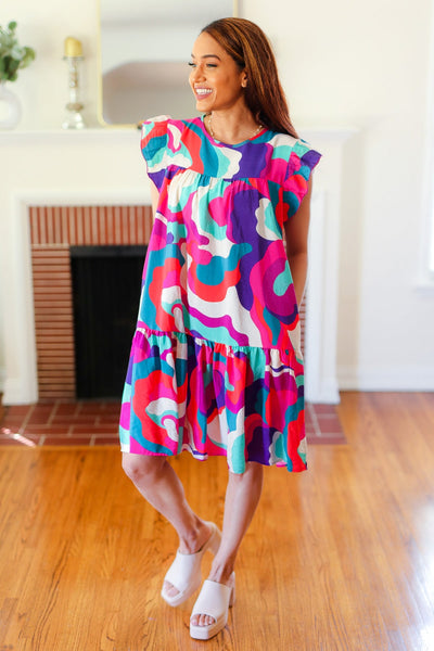 Go For Fun Fuchsia Geo Print Tiered Ruffle Sleeve Woven Dress - Online Only!