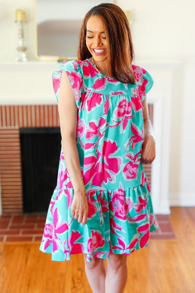 Diva Dreaming Aqua & Fuchsia Floral Print Tiered Ruffle Sleeve Dress - Online Only!