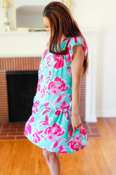 Diva Dreaming Aqua & Fuchsia Floral Print Tiered Ruffle Sleeve Dress - Online Only!