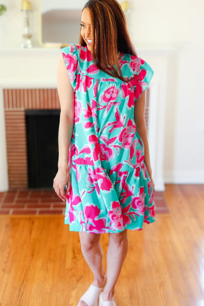 Diva Dreaming Aqua & Fuchsia Floral Print Tiered Ruffle Sleeve Dress - Online Only!