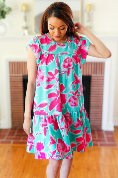 Diva Dreaming Aqua & Fuchsia Floral Print Tiered Ruffle Sleeve Dress - Online Only!