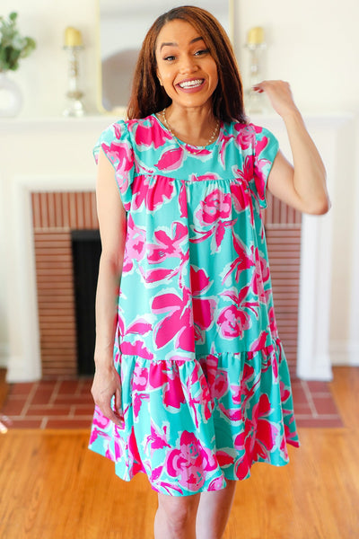 Diva Dreaming Aqua & Fuchsia Floral Print Tiered Ruffle Sleeve Dress - Online Only!