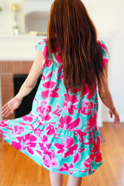 Diva Dreaming Aqua & Fuchsia Floral Print Tiered Ruffle Sleeve Dress - Online Only!