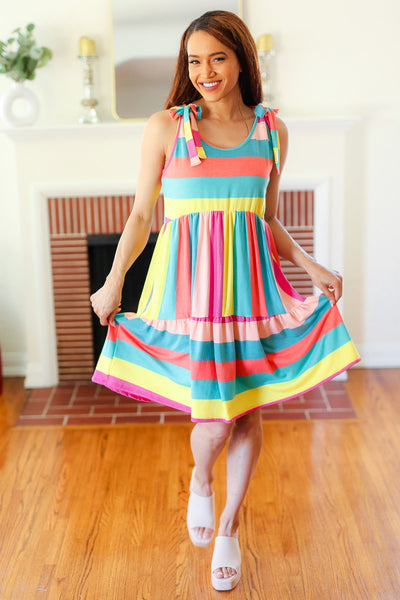 Multi Striped Shoulder Tie Tiered Dress - Online Only!