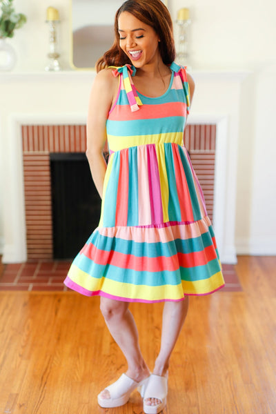 Multi Striped Shoulder Tie Tiered Dress - Online Only!