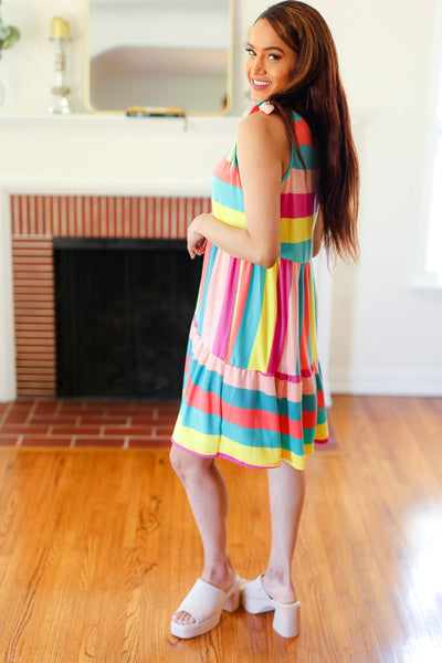 Multi Striped Shoulder Tie Tiered Dress - Online Only!