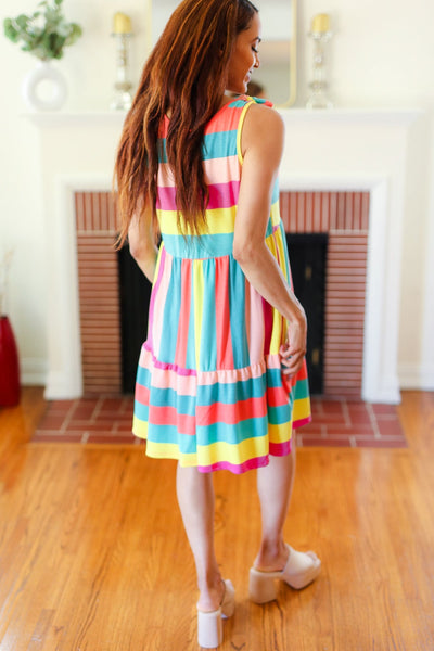 Multi Striped Shoulder Tie Tiered Dress - Online Only!