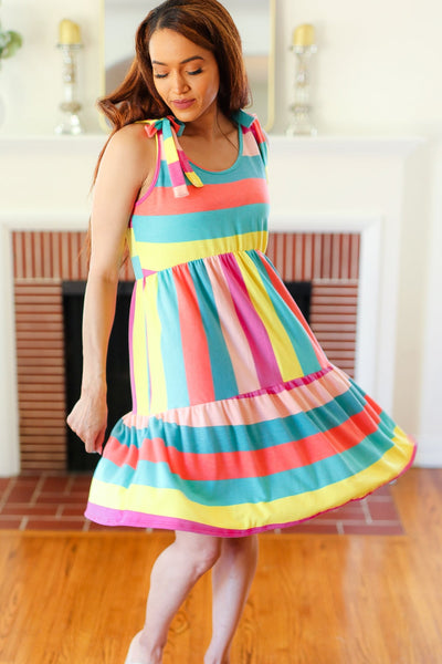 Multi Striped Shoulder Tie Tiered Dress - Online Only!