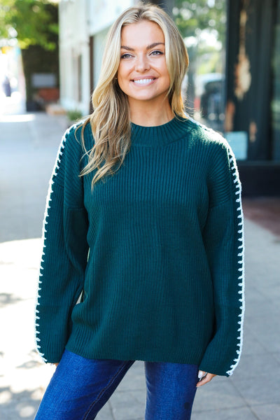 Hunter Green Rib Knit Stitch Detail Oversized Sweater - Online Only!