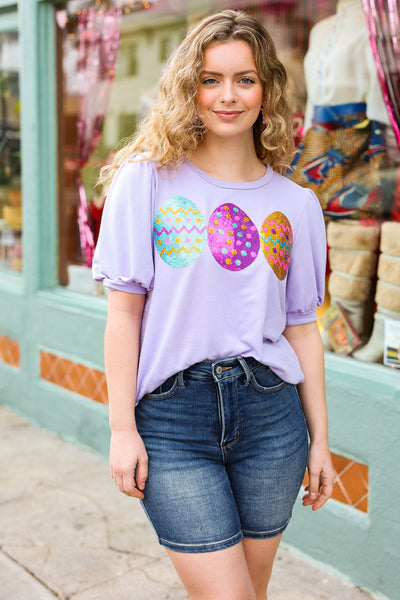 Turn Heads Lilac Sequin Easter Egg Terry Top - Online Only!