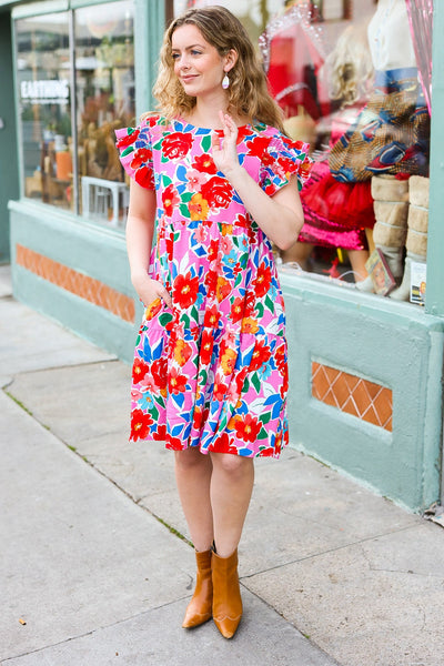 Pink Multi Floral Ruffle Sleeve Tiered Dress - Online Only!