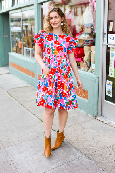 Pink Multi Floral Ruffle Sleeve Tiered Dress - Online Only!